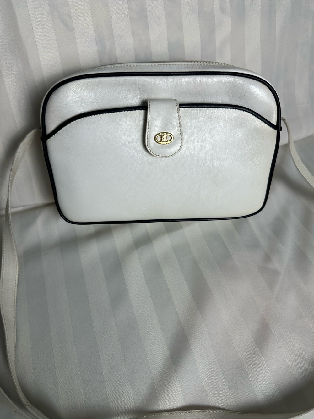 Vintage Celine Paris White Leather Crossbody Bag, Black Trim, Gold-Tone Hardware